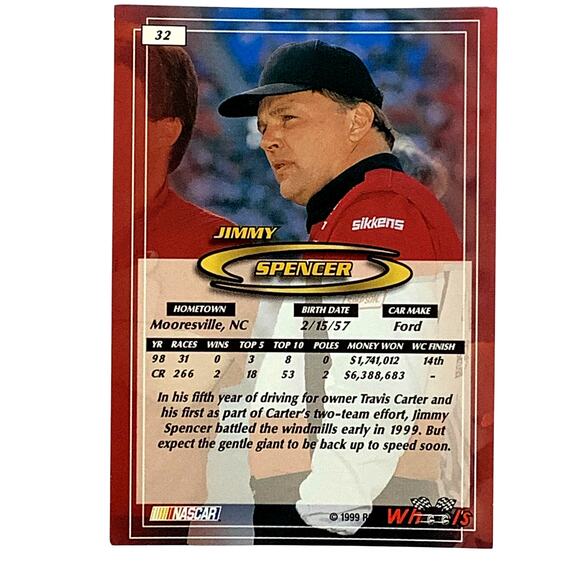Jimmy Spencer, Travis Carter Racing Card 32, 1999 Wheels NASCAR Winston Cup, NM+ - Picture 3 of 4